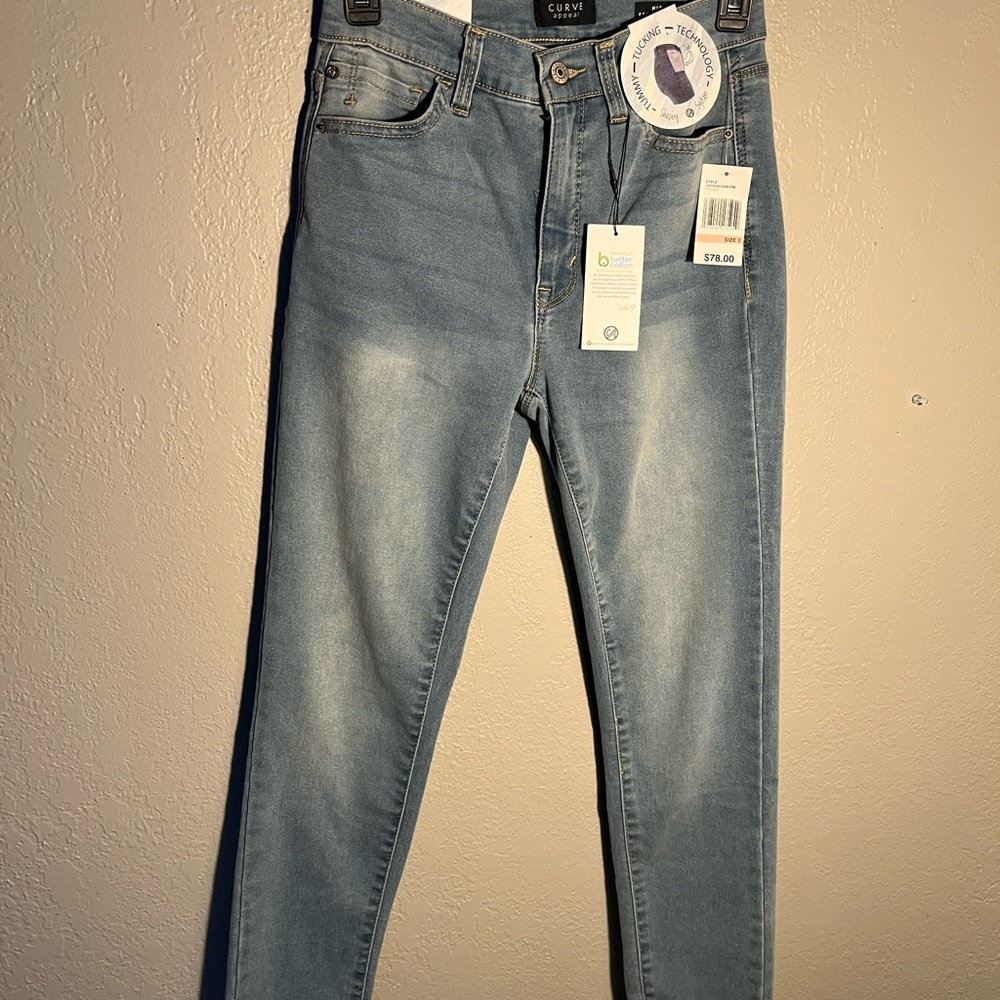 Curve Appeal Blue Skinny High-Waisted Jeans SZ 2 Tummy Tucking Straight Leg NWT - Picture 3 of 16